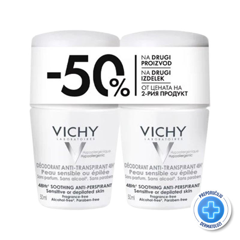 Vichy Dezodorans roll-on dezodorans za regulaciju znojenja do 48h za osjetljivu i depiliranu kožu 2x50 ml (Promo)