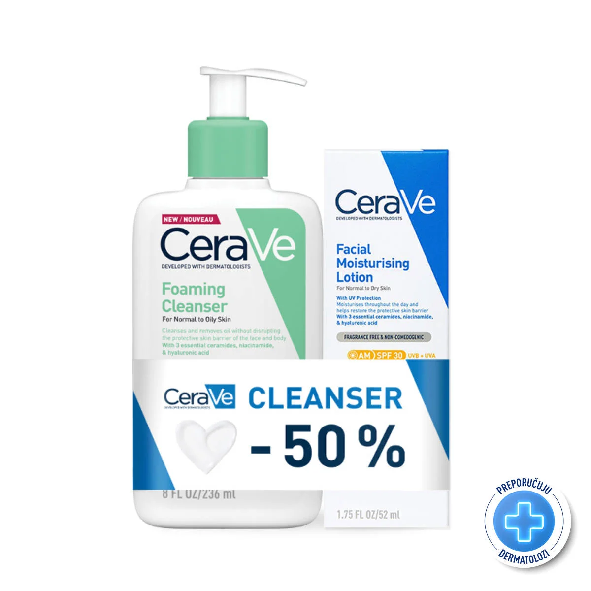 CeraVe Pjenušavi gel za čišćenje 236 ml + Krema za lice SPF 30, 52 ml (Promo)