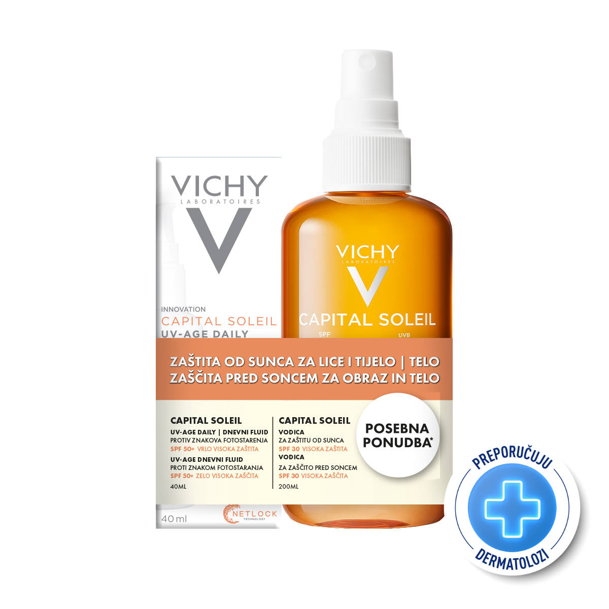 Vichy Capital Soleil UV-Age Daily fluid SPF 50, 40 ml + Capital Soleil vodica SPF 30, 200 ml (Promo)